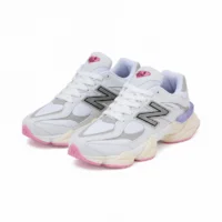 Miniatura de Tênis New Balance 9060 – Branco, Cinza e Rosa