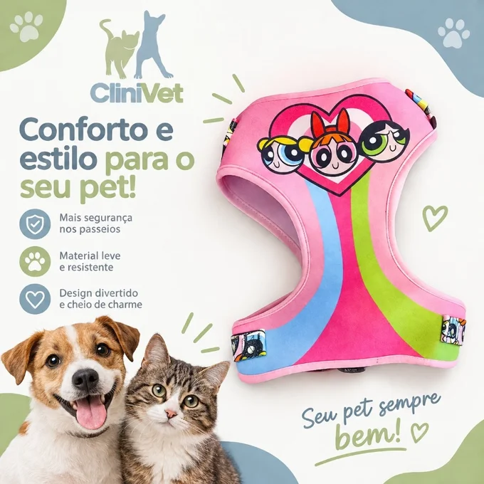 Foto de Peitoral com Guia Porte Grande - Meninas Superpoderosas Rosa