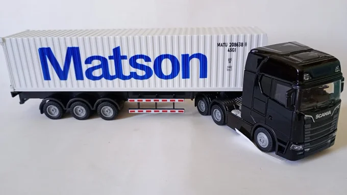 Foto de Miniatura Caminhão Diecast SCANIA com  Contêiner Matson , Fricção, Som E Luz